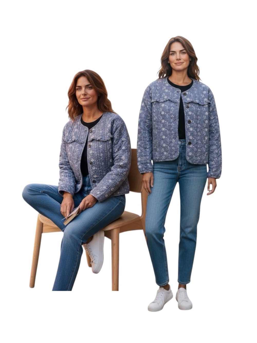 Scoop Quilted Puffed Sleeves Eyelet Blue Floral Jacket